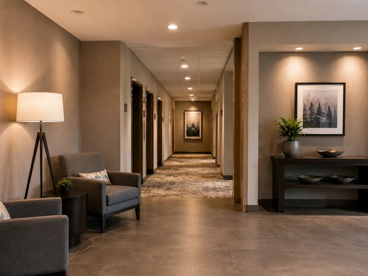 Mid-range Canadian hotel corridor and lobby interior with neutral tones and warm lighting