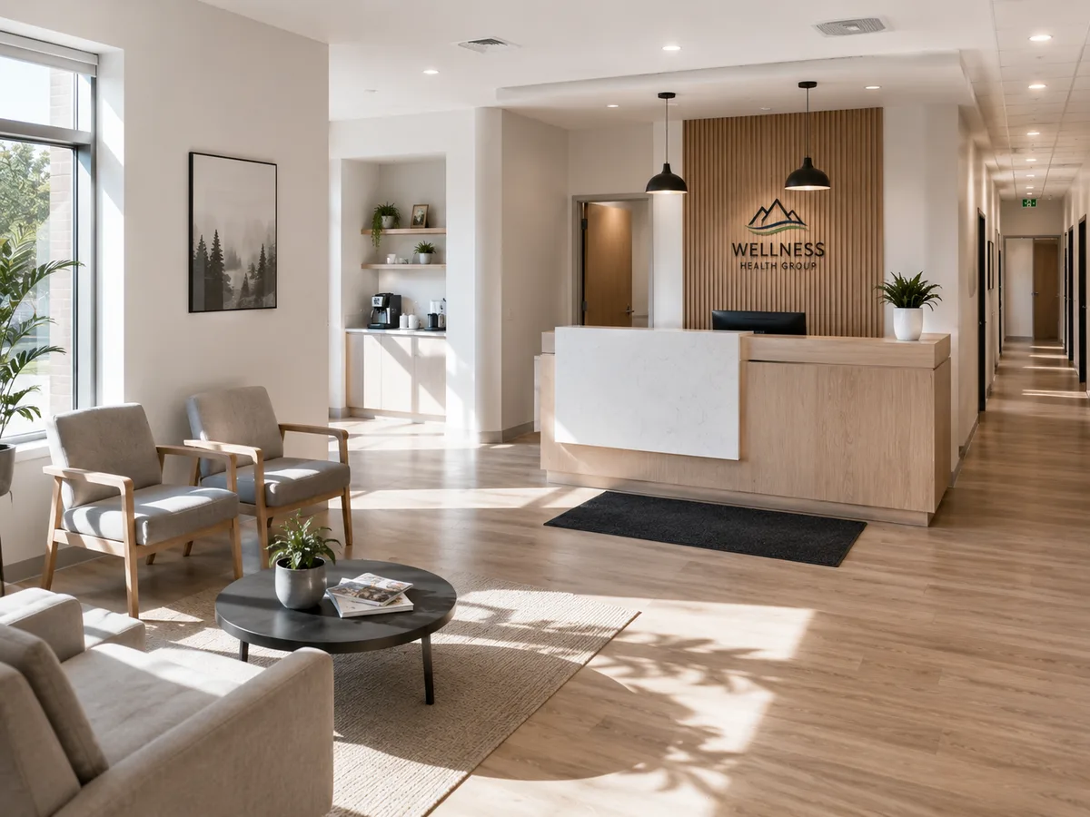 Modern Canadian medical clinic or office reception area with white walls and natural light