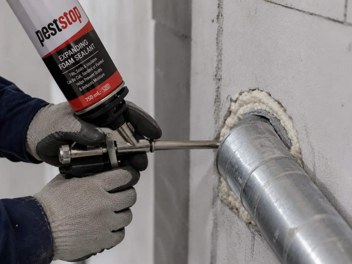 Commercial pest exclusion: applying pest-resistant foam sealant around a metal pipe penetration in a concrete wall, OV Property Solutions Timmins