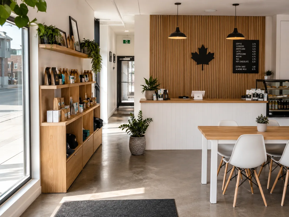 Modern Canadian commercial cafe or retail food store interior with wood and white tones
