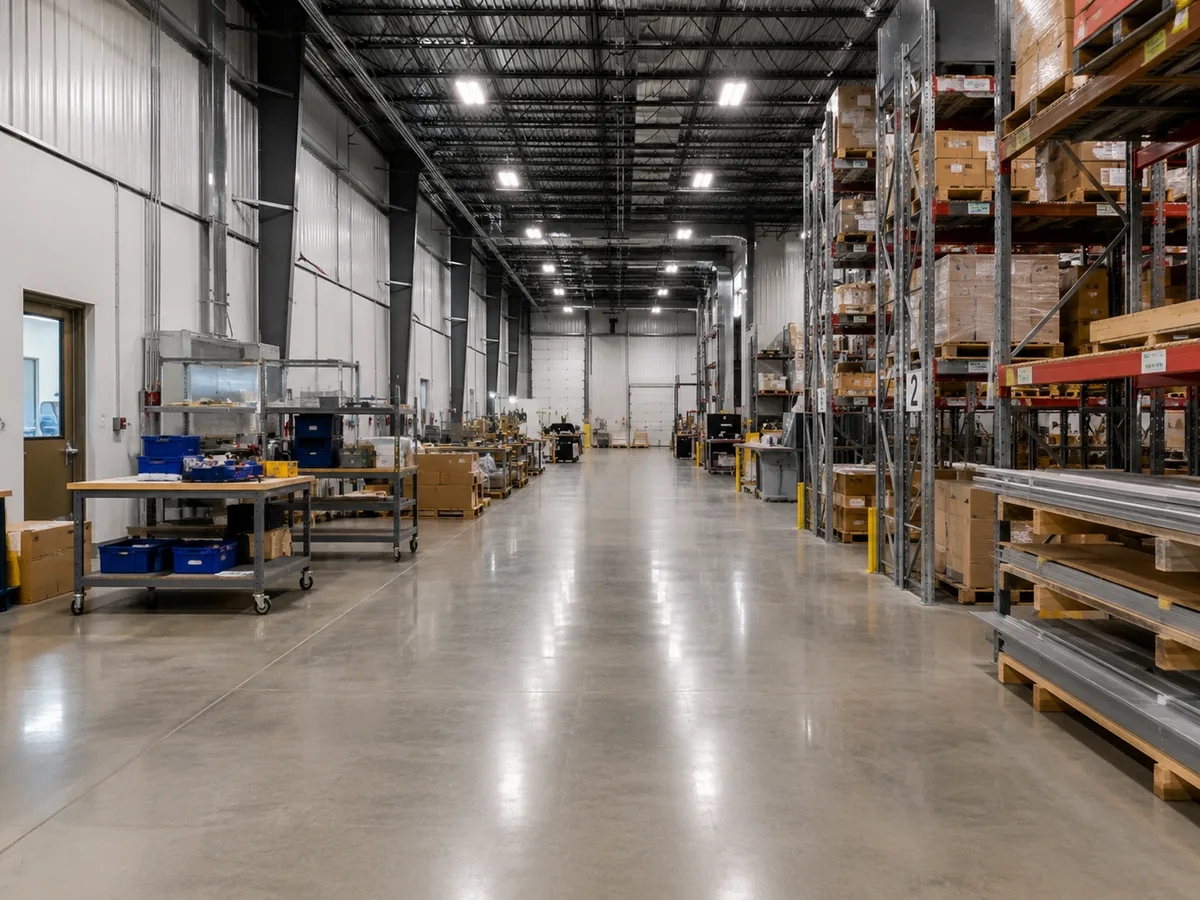 Commercial warehouse interior with concrete floor, steel shelving and overhead lighting in Timmins