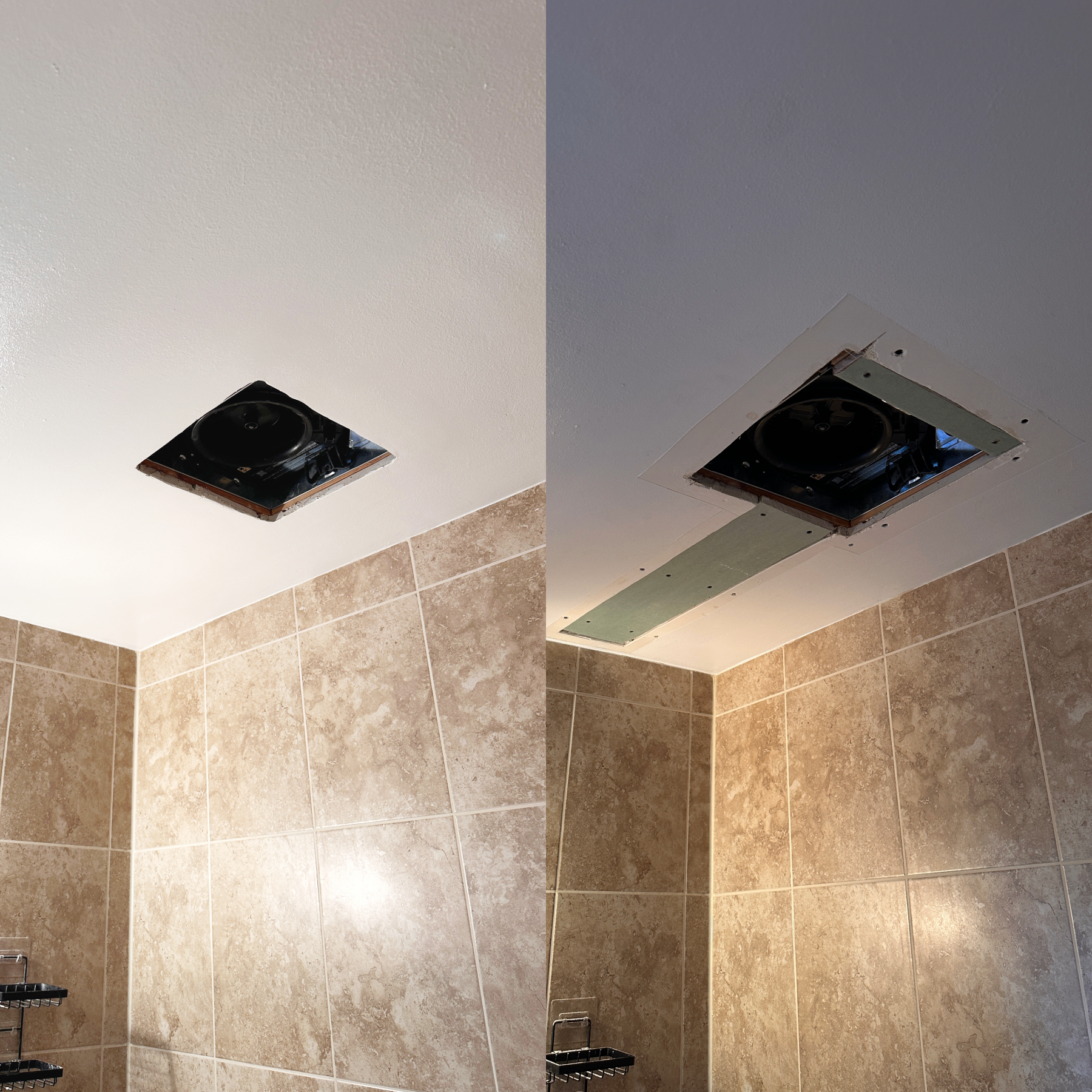 Before and after drywall-bathroom-ceiling-patch - drywall-repair project in Timmins ON - OV Property Solutions