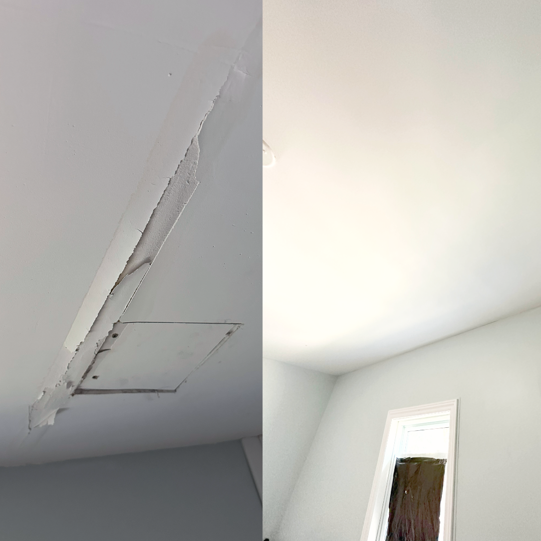 Before and after drywall-ceiling-patch - drywall-repair project in Timmins ON - OV Property Solutions
