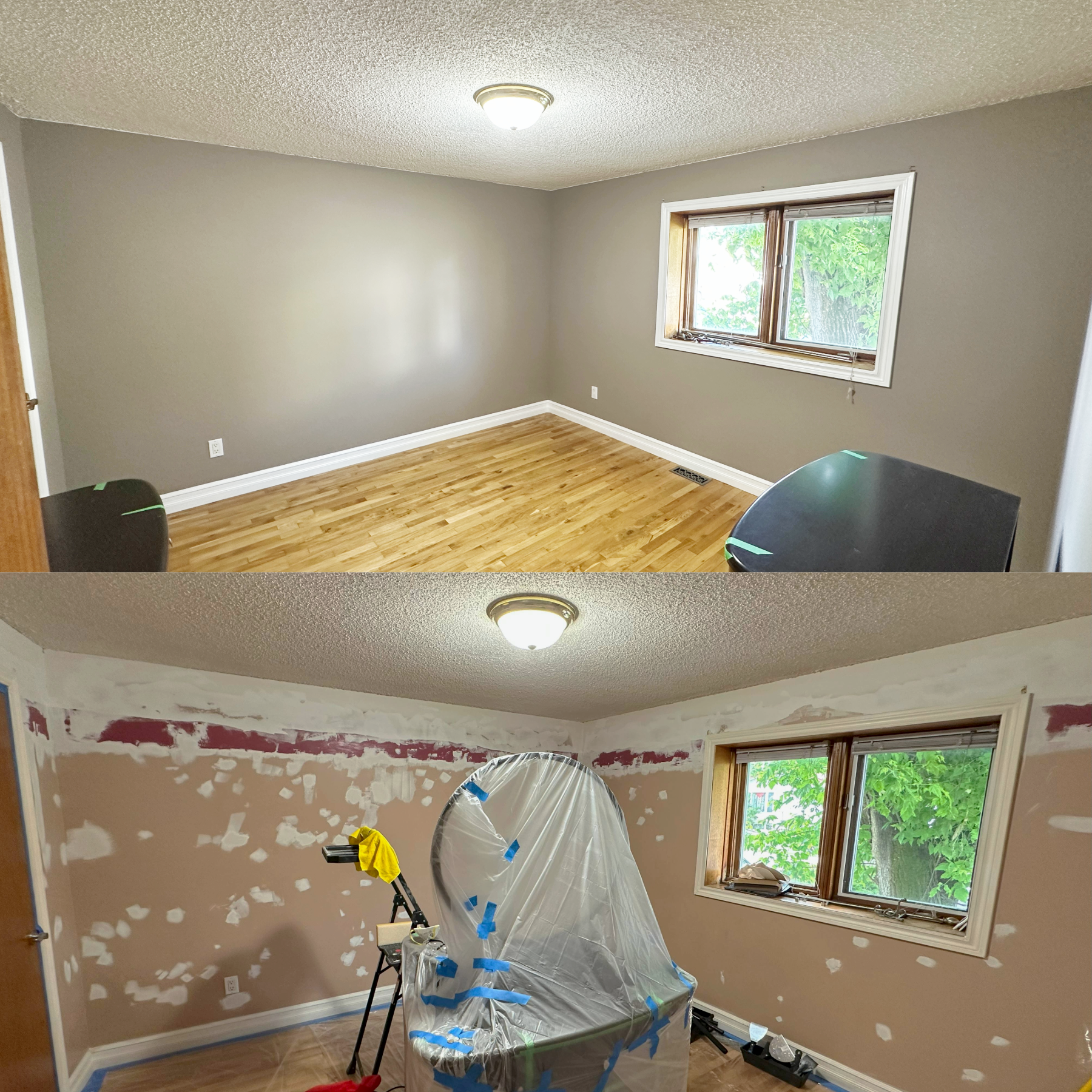 Before and after bedroom-patching-painting-renovation - interior-painting project in Timmins ON - OV Property Solutions
