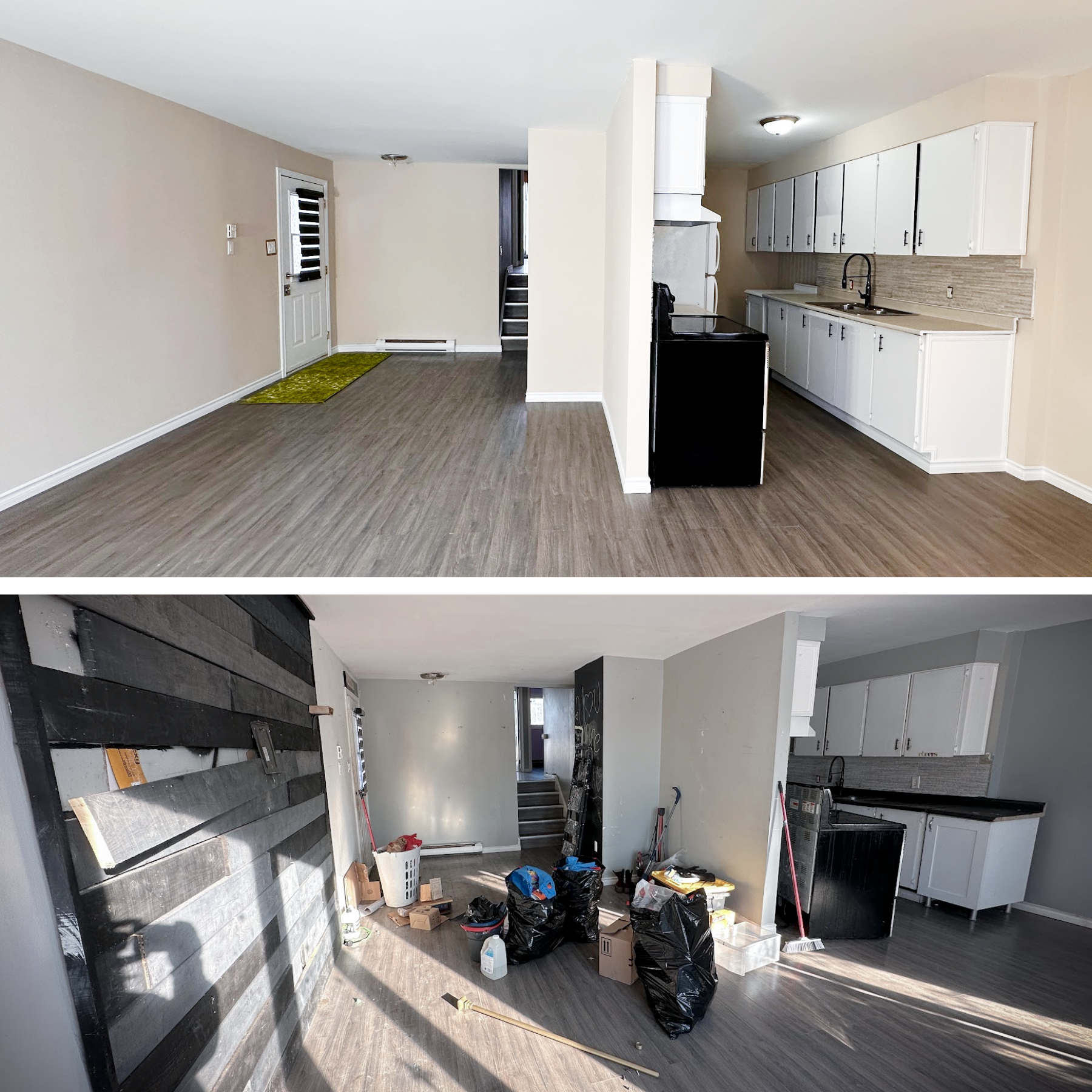 Before and after Livingroom, kitchen, repair, renovation, drywall, pain... - rental-ready project in Timmins ON - OV Property Solutions