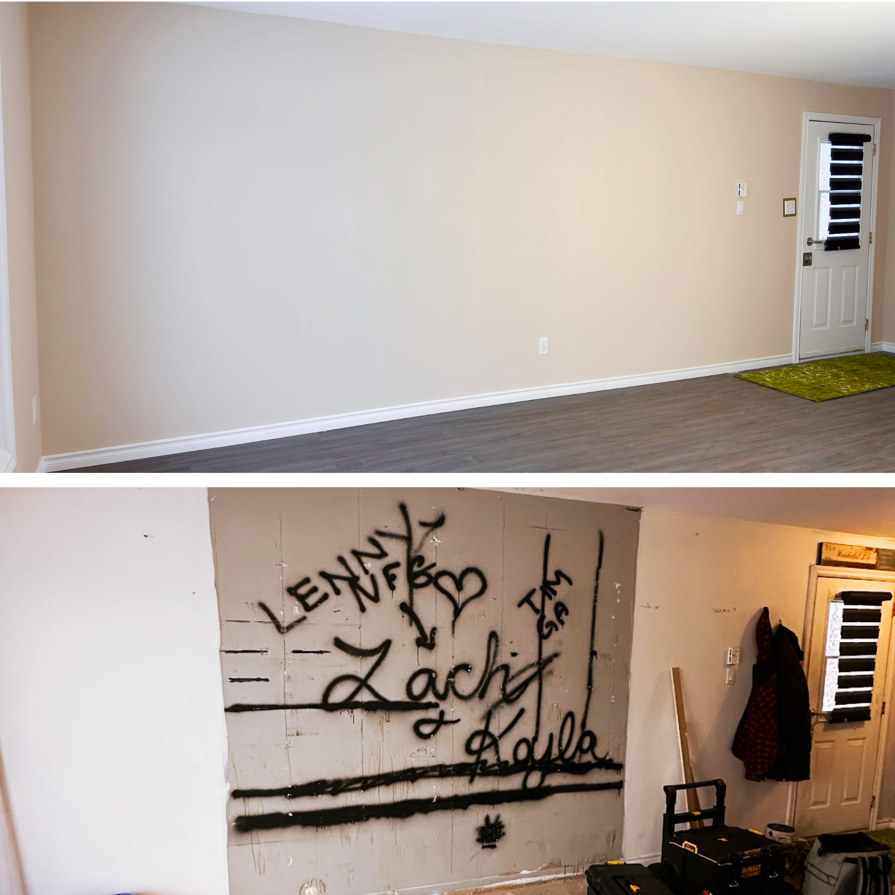 Before and after livingroom-renovation-after-before-rent-pre-sale - rental-ready project in Timmins ON - OV Property Solutions